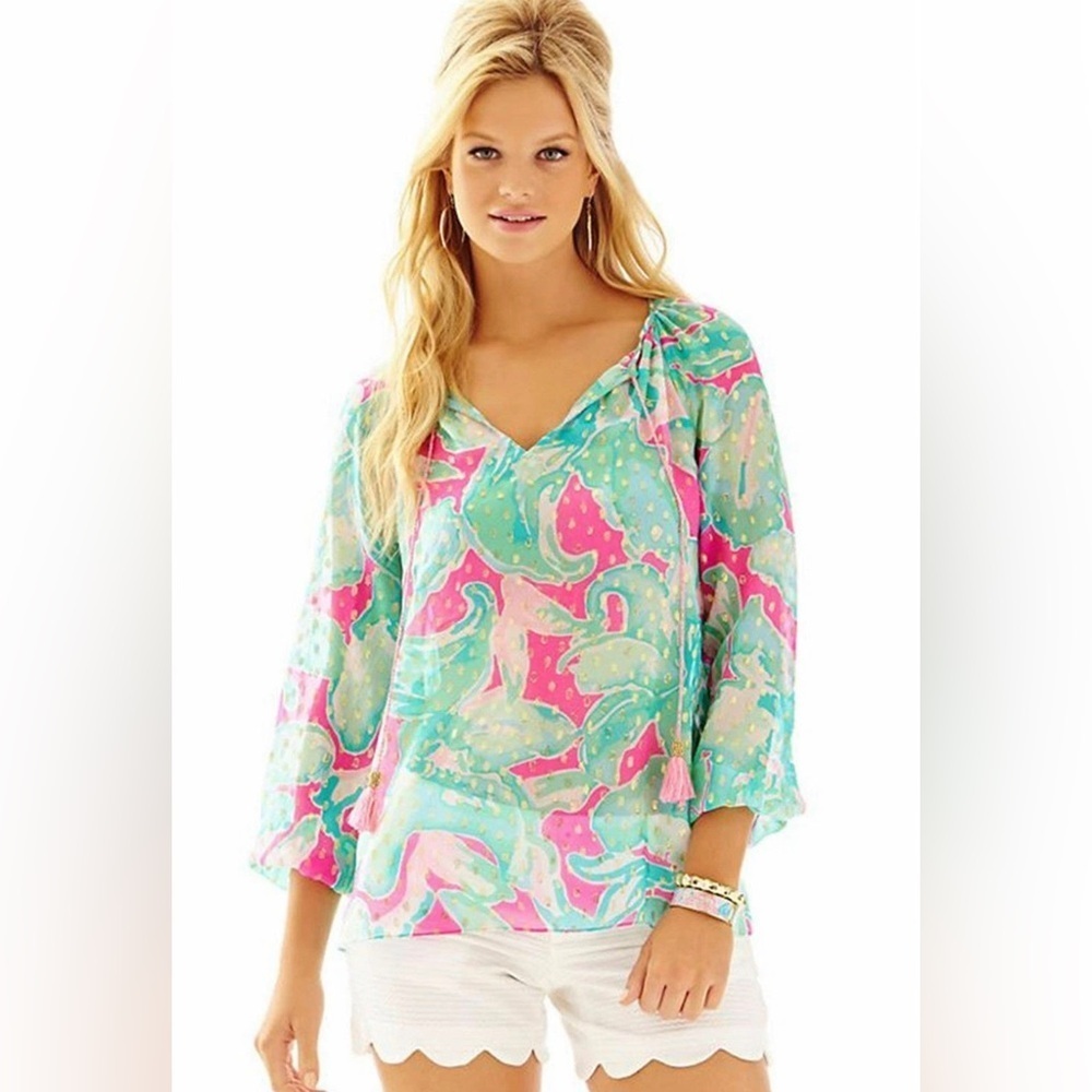 Lilly Pulitzer Rilla Sheer Tropical Pink Sands with Gold Metallic Blouse - Small